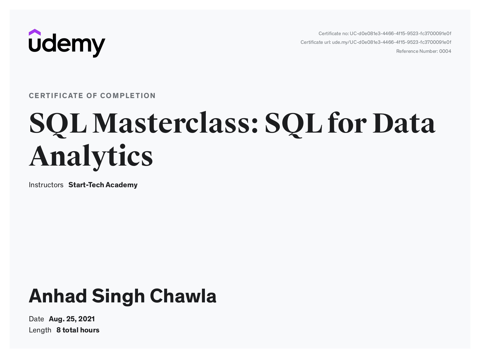 SQL certificate