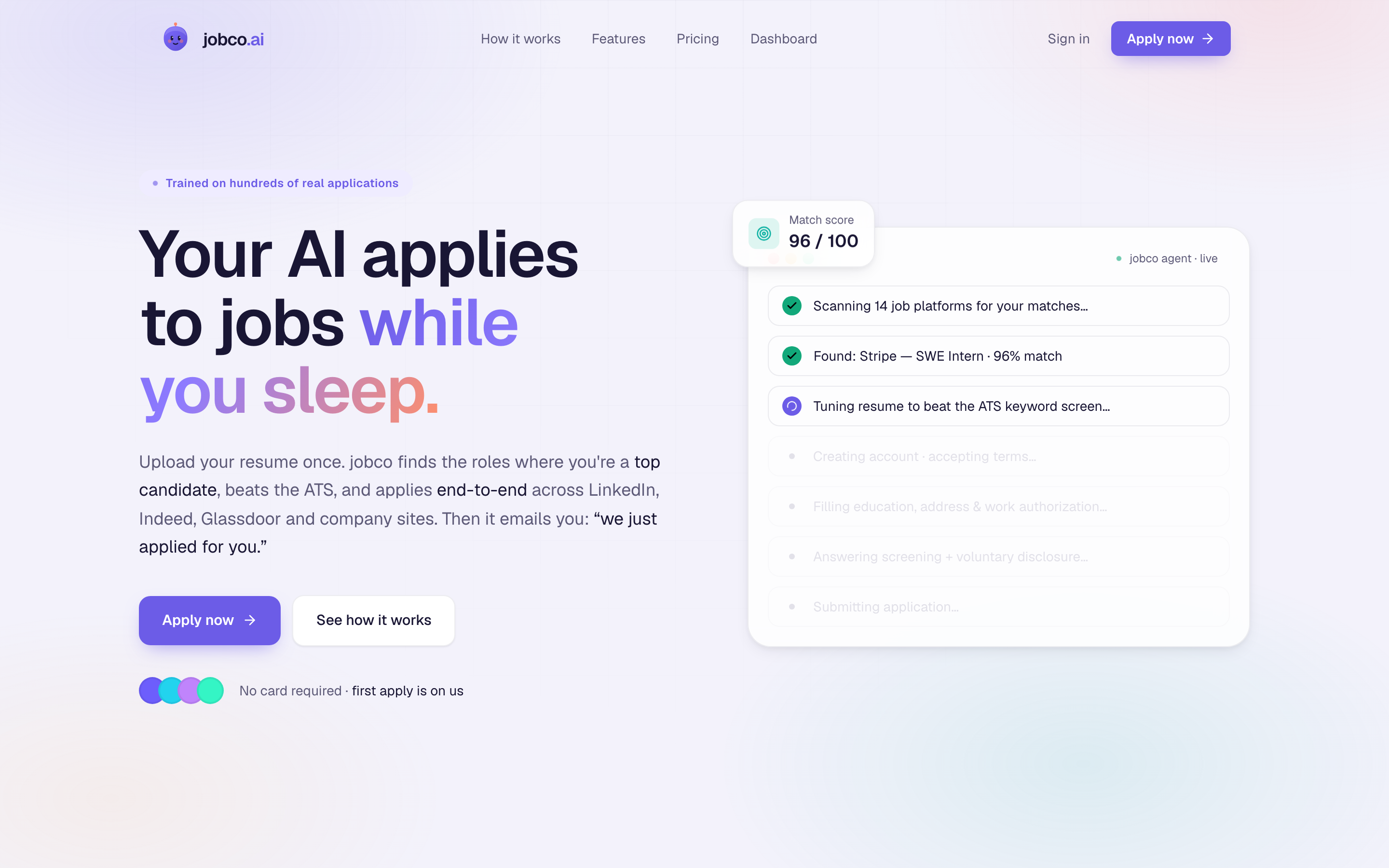 Jobco platform — AI applies to jobs while you sleep